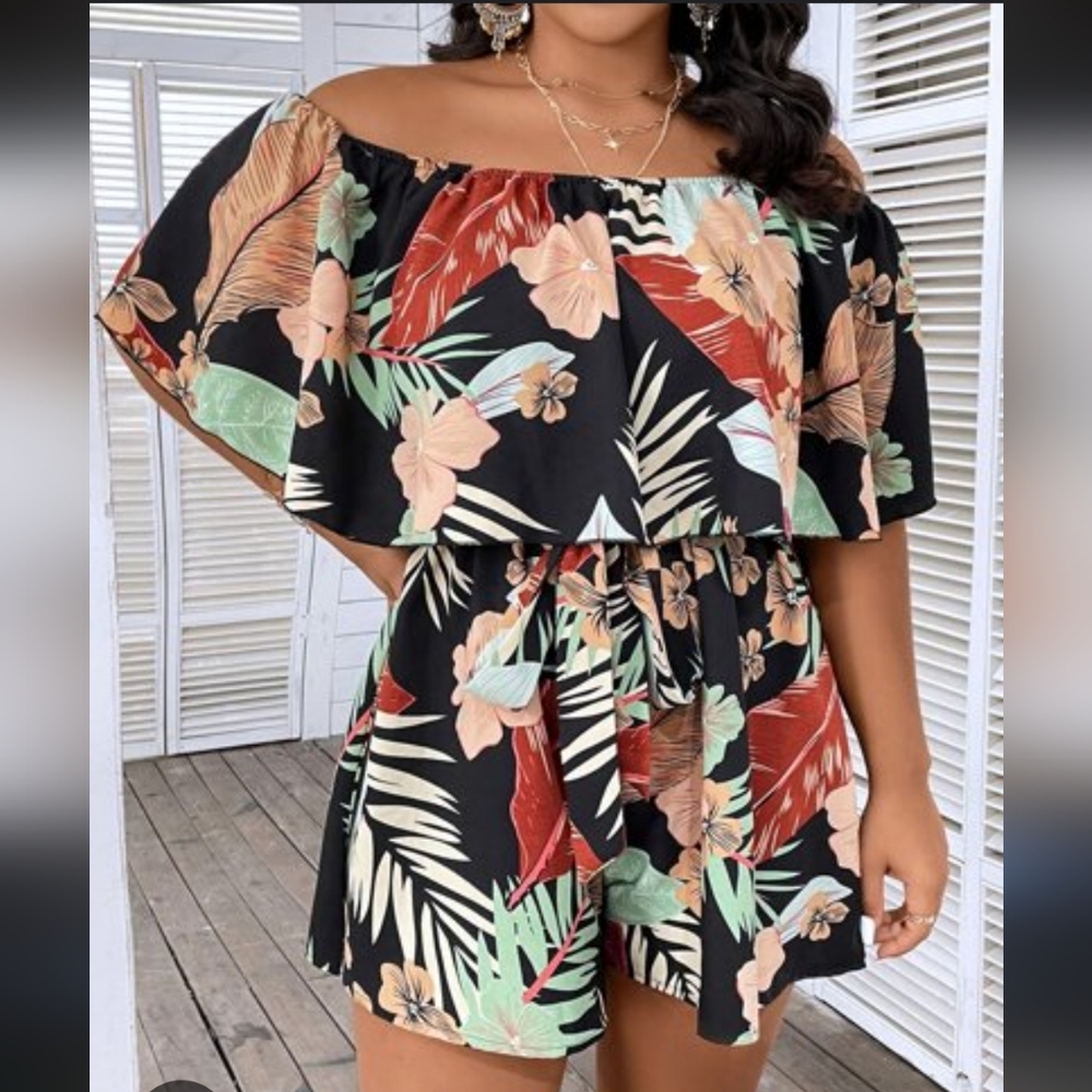Skue Curve Off-Shoulder Tropical Print Romper - Black Floral + FREE H&M Bag